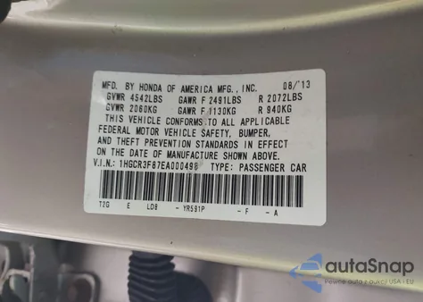 2014 Honda Accord Ex-L V-6 from USA, damaged, VIN 1HGCR3F87EA000498